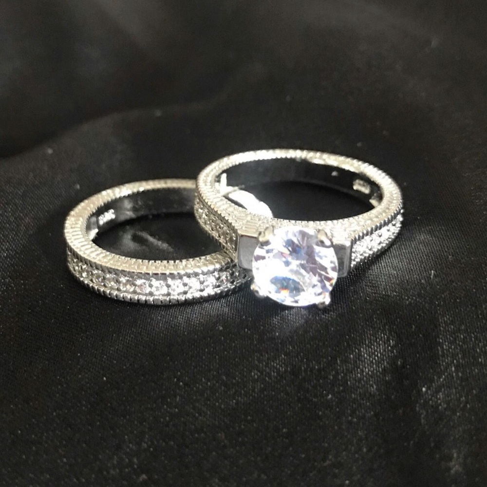 Sterling Silver Solitaire Cubic Zirconia Engagement Ring Set